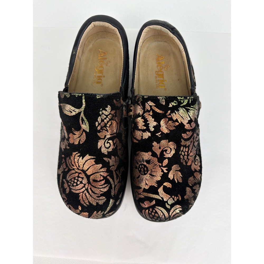 Alegria Karmen Clogs 38 Black Copper Metallic Floral Suede Comfort Whimsigoth